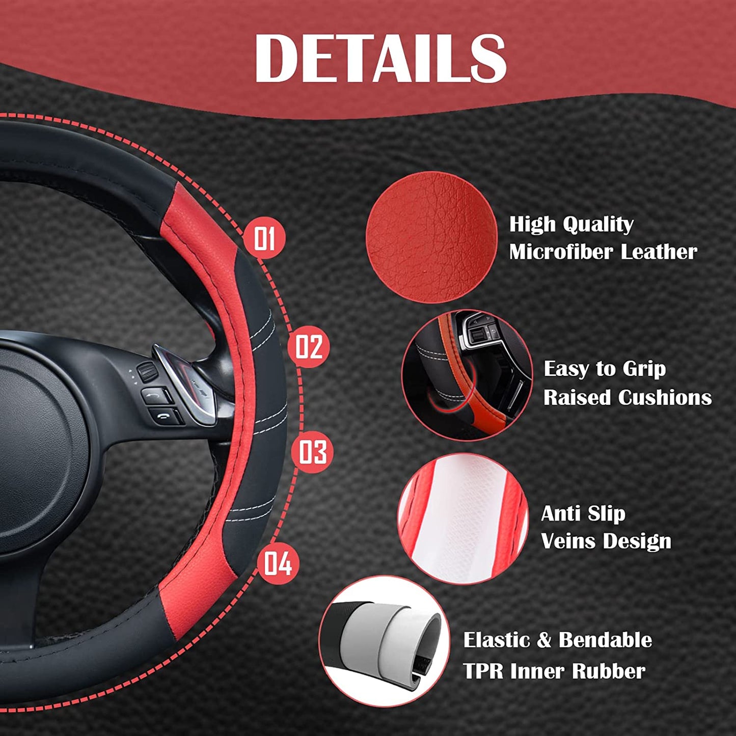 Black-Red Microfiber Leather Steering Wheel Cover - Universal Fit for Trucks, SUVs, Cars 