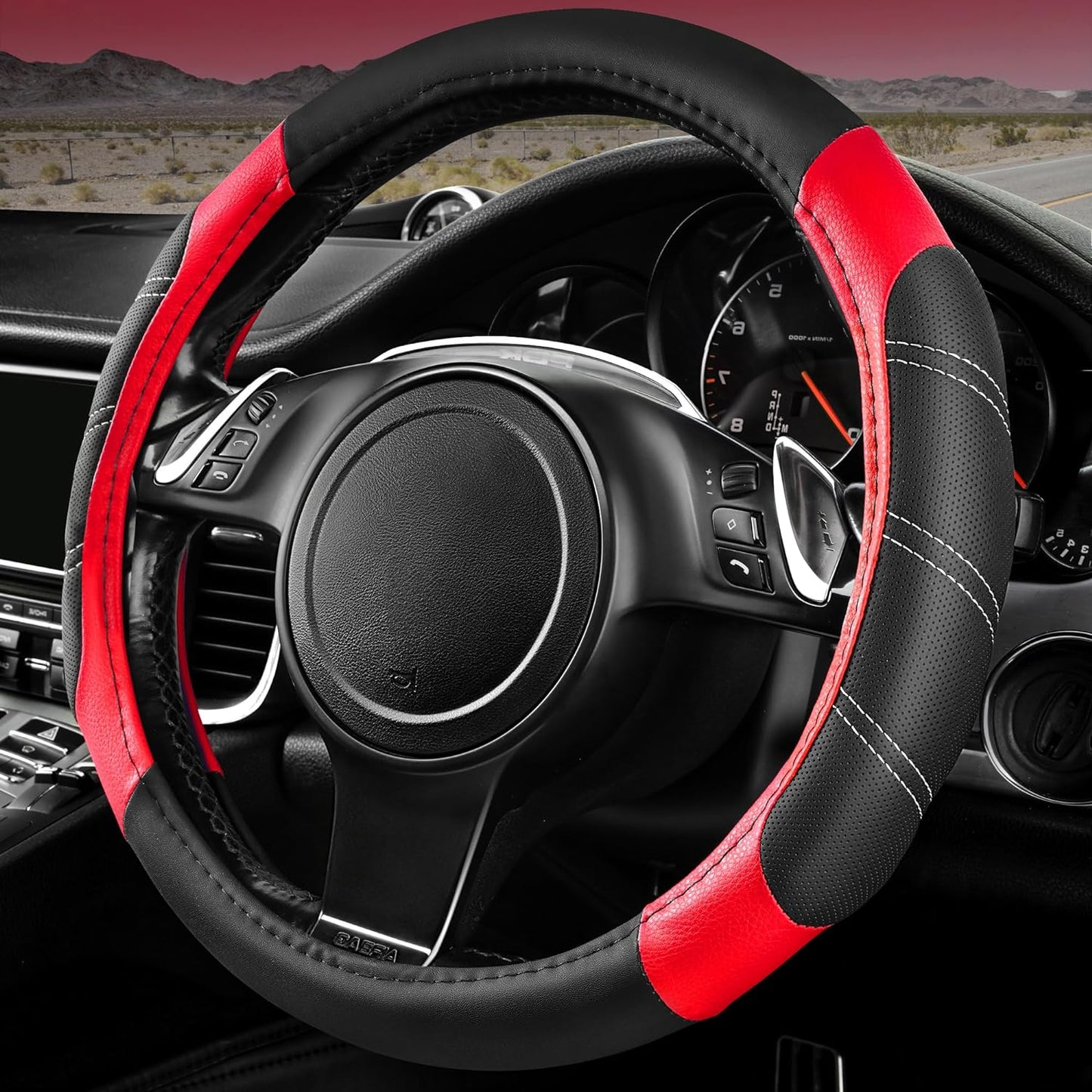 Black-Red Microfiber Leather Steering Wheel Cover - Universal Fit for Trucks, SUVs, Cars 