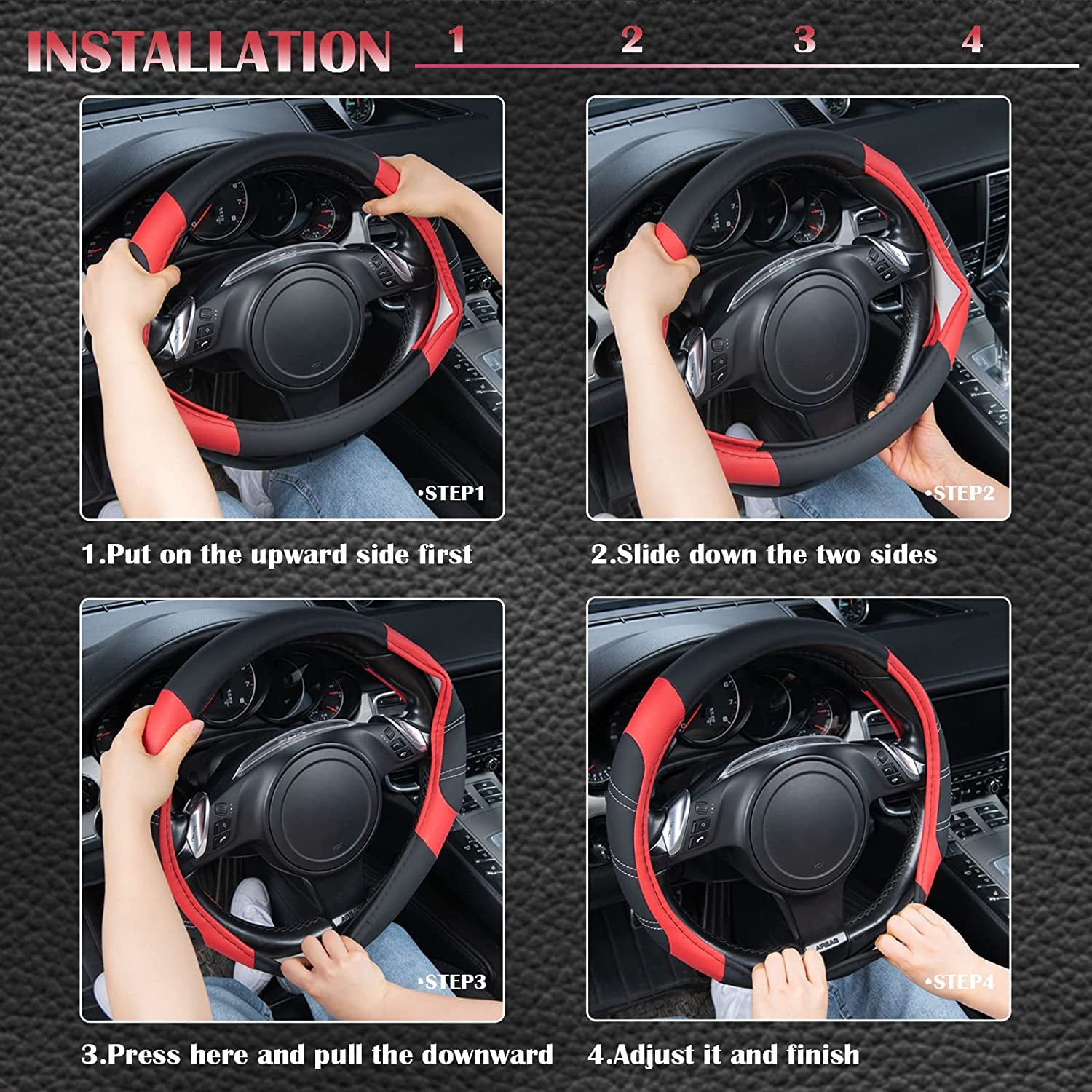 Black-Red Microfiber Leather Steering Wheel Cover - Universal Fit for Trucks, SUVs, Cars 